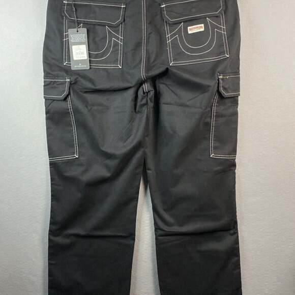 True Religion Cargo Pants Mens Size 34‎ x 32 Jet Black White Stitch 108335 NWT - Picture 2 of 11